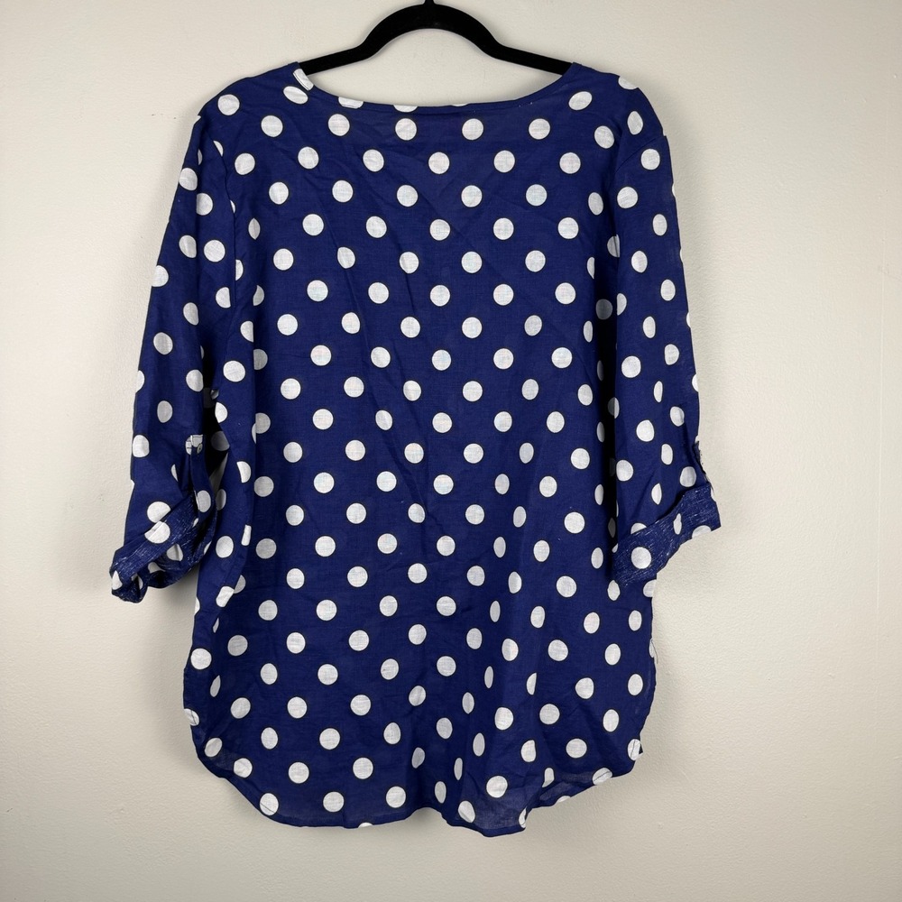Hester & Orchard Blouse Women's Large Navy White Polka Dot 3/4 Sleeve Pullover - Picture 2 of 15